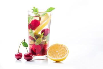 Detox water, cherry drink with lemon, mint isolated on white background. Refreshing summer drinks