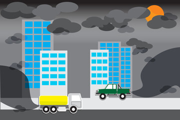 Flat vector cartoon style illustration of horizontal road with cars, trucks, buildings and weather with toxic smoke, pollution. Road traffic concept.