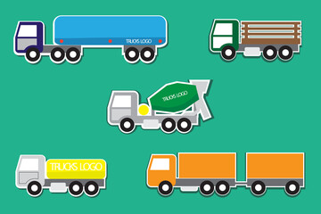 Truck and trailer icon pack on a green background. Shipping and transport of cargo trucks and semi-trucks. Flat style design vector illustration. Transportation concept.