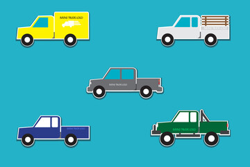 Set of small truck icons. Pickup truck. On blue background. Transport and transport cargo trucks and semi-trucks. Flat style design vector illustration. transportation concept.