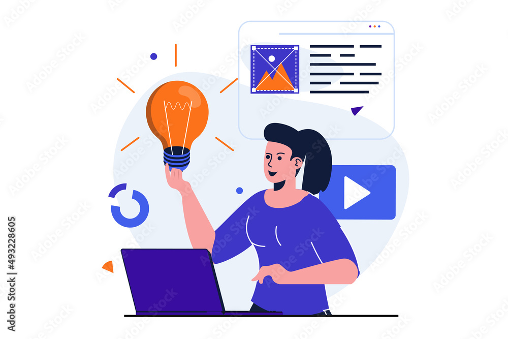 Aufkleber marketing modern flat concept for web banner design. woman marketer generating new ideas and brainst