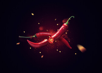 Red chili pepper with slicing and splash appearance on solid color background, 3d illustration - 493228660