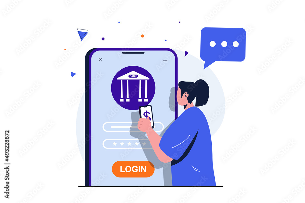 Poster mobile banking modern flat concept for web banner design. woman enters login and password for secure