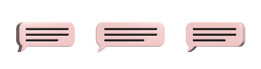 Glossy pink speech bubbles, dialogue, messenger shapes. 3D render vector icons for social media or website