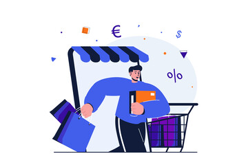 Mobile commerce modern flat concept for web banner design. Man with shopping bags and supermarket trolley makes bargain purchases online using app. Illustration with isolated people scene