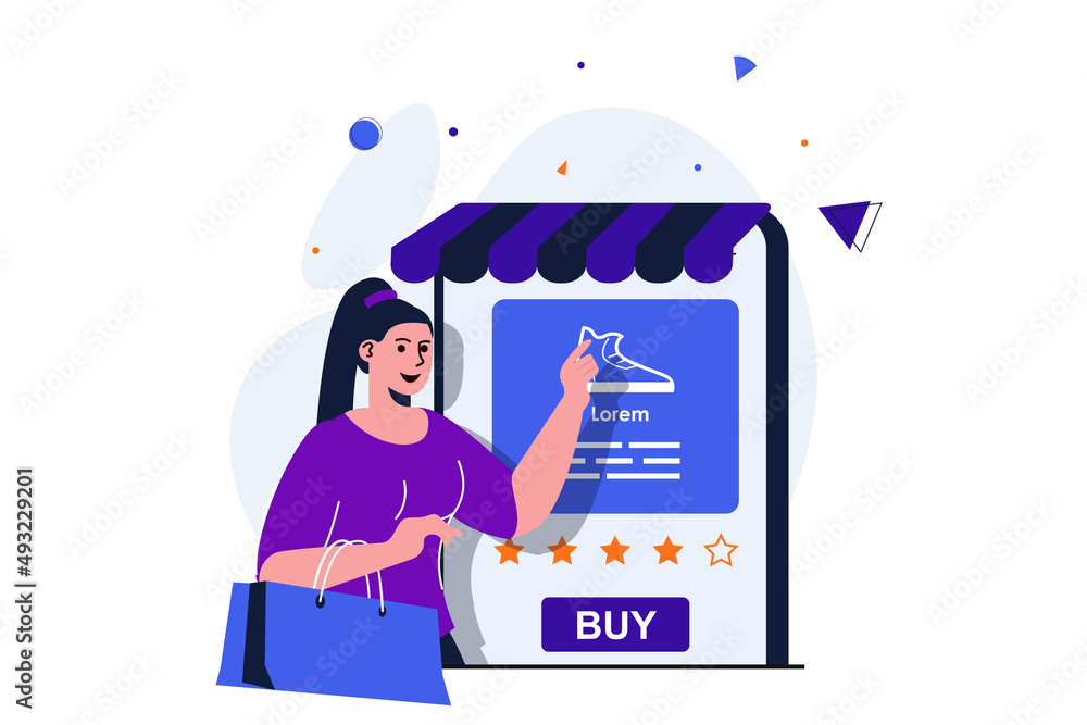 Poster mobile commerce modern flat concept for web banner design. woman chooses shoes in online store, look