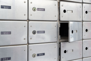 Opened Locker rows mailboxes without lock  in the Israel Post Office. Private metal mailbox. Selective focus