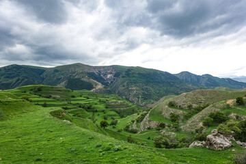 Fototapeta na wymiar Views of the mountains of Dagestan near the village of Gamsutl. Russia June 2021