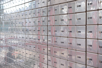 Locker rows mail boxes in the Israel Post Office. Private metal mailbox. Selective focus