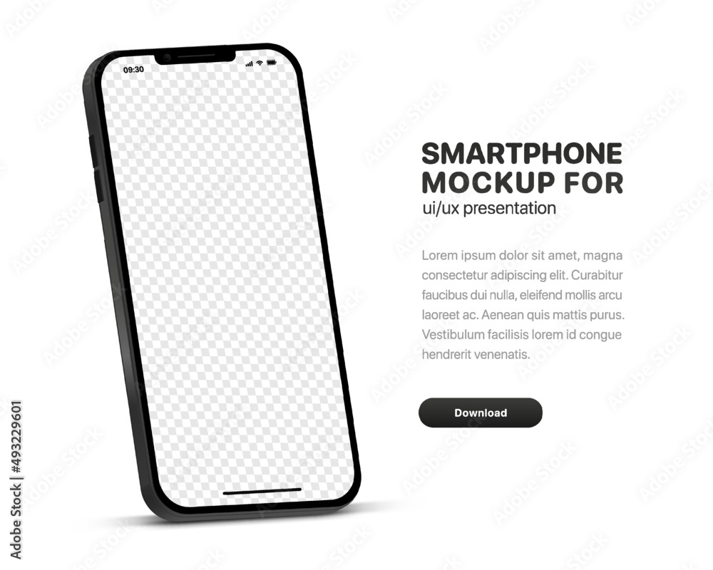 Poster 3d high quality vector smartphone mockups. Ultra realistic mobile device UI UX mockup for presentation template. 3d isometric phone with different angles views. Cellphone frame with  fillable field.
