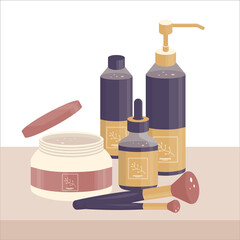 makeup kit
set of cosmetics on the table cream brushes serum lotion shampoo