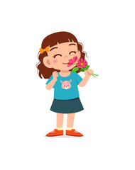 little girl holding flower and sniff the scent