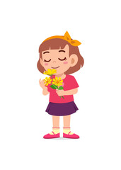 little girl holding flower and sniff the scent