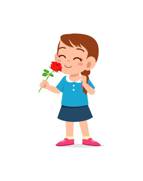 little girl holding flower and sniff the scent