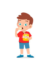 little boy eat potato chips and feel happy