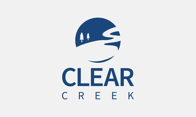 Clear Creek Logo Design Template. evergreen pine tree logo vintage with river creek vector emblem illustration design.