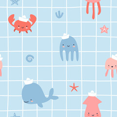 Cute doodle marine pattern with sailor animals. Blue squared marine seamless vector print.