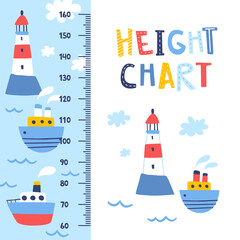 Marine height chart with ships and lighthouse. Doodle baby wall ruler with sea transport and beacon. - obrazy, fototapety, plakaty