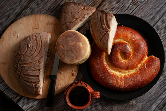 Mexican Sweet Bread Or Artesian Bread Traditional From Oaxaca, Top View, Flat Lay Overhead View Horizontal