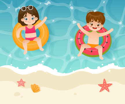 Cartoon kids swim in the sea on inflatable ring. Summertime children vacation on the sea coast.