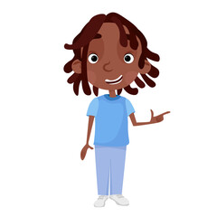 A young black guy in a T-shirt and with dreadlocks points his finger