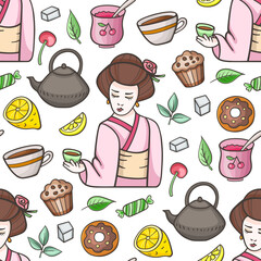 Seamless pattern with tea and sweets.