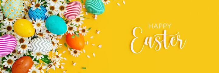 Colorful eggs with white spring flowers and Happy Easter text on yellow background 3D Rendering, 3D Illustration	