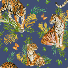 Tigers watercolor seamless patterns for printing on fabrics and wallpaper - 493230682