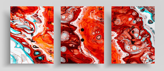 Abstract acrylic banner, fluid art vector texture collection. Trendy background that applicable for design cover, invitation, flyer and etc. Orange, red and white universal trendy painting backdrop.