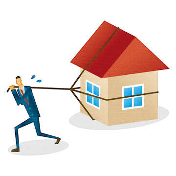 man pulling house, red roof, blue suit clip art preview