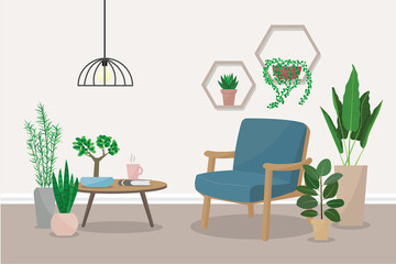 Modern interior of the living room with an armchair, coffee table and indoor plants. Flat colorful vector illustration.