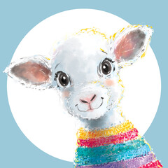 Urocza owieczka w sweterku - dekoracja do pokoju dziecięcego. Kolorowy plakat z barankiem do dziecięcej sypialni. Ilustracja, grafika ze słodkim zwierzakiem dla dzieci.