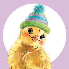 Lovely card, poster, flyer, picture for children. Illustration with a cute chick in a colorful hat. A baby chick decoration for a kids room in pastel colors. Picture with a pet.
