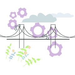 Technik Illustration im Natur Kontext mit Zahnrädern, Wolken, Brücke und Blättern, Blumen