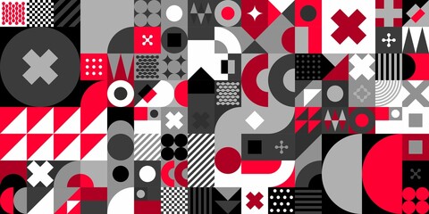 Black And Red Seamless Abstract Vector Bauhaus Swiss Geometric Pattern Design Background 