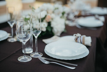 Wedding. Birthday. Reception. Decoration, chairs, tables and flowers.