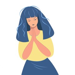 Ukrainian girl prays. Sad woman in national clothes on a white background. Pray for Ukraine. Vector isolated illustration.