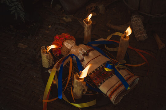 Esoteric help. Concept of magical dolls, voodoo, handmade doll .Witchcraft with a doll  