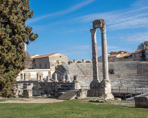 Ruins of the Roman Theatre of Arles, 1st-centurybuilt during the reign of Caesar Augustus, Arles, Bouches-du-Rhône,  Provence, France. Roman and Romanesque Monuments of Arles are UNESCO World Heritage