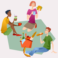 Group of multiracial friends having  an outdoor picnic. Boys and girl  drink coffee, eat sandwiches and talk.
