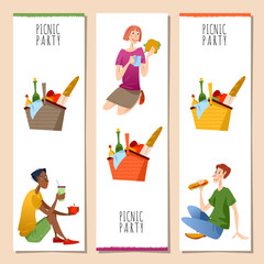 Set of 3 bookmarks with group of multiracial friends having  an outdoor picnic. Picnic party. Vector illustration..