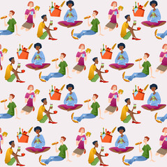 Group of multiracial friends having  an outdoor picnic. Boys and girls  drink coffee, eat sandwiches and talk. Seamless background pattern.