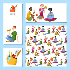 Set of 4 universal cards with group of multiracial friends having  an outdoor picnic