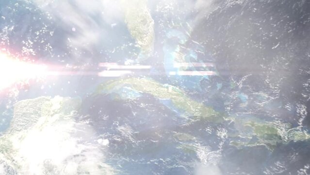 Earth zoom in from outer space to city. Zooming on Santa Clara, Cuba. The animation continues by zoom out through clouds and atmosphere into space. Images from NASA