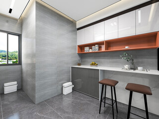 3D rendering,Modern family kitchen design, new cabinets and kitchenware with refrigerators, sunlight from the window.