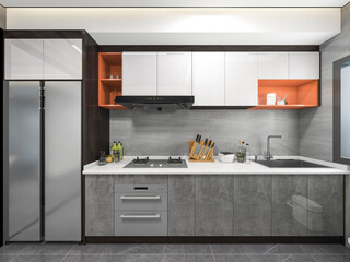 3D rendering,Modern family kitchen design, new cabinets and kitchenware with refrigerators, sunlight from the window.