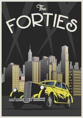 1940s Style Retro Car Poster. Forties Stile Illustration - obrazy, fototapety, plakaty