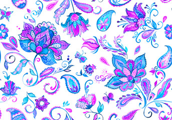 Paisley watercolor floral pattern tile with flowers, flores, tulips, leaves. Oriental traditional hand painted water color whimsical seamless print isolated on white. Abstract indian batik background