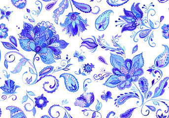 Paisley watercolor floral pattern tile with flowers, flores, tulips, leaves. Oriental traditional hand painted water color whimsical seamless print isolated on white. Abstract indian batik background