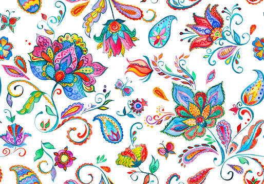 Paisley watercolor floral pattern tile with flowers, flores, tulips, leaves. Oriental traditional hand painted water color whimsical seamless print isolated on white. Abstract indian batik background